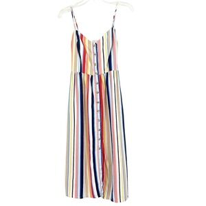 Emerald Sundae Linen Blend Vertical Stripe Midi Dress Colorful Beachy Si…